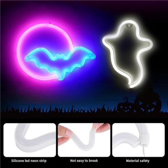 2 Pack Halloween Neon Signs White Ghost Blue Bat Full Moon Lights Decorations - Picture 4 of 8